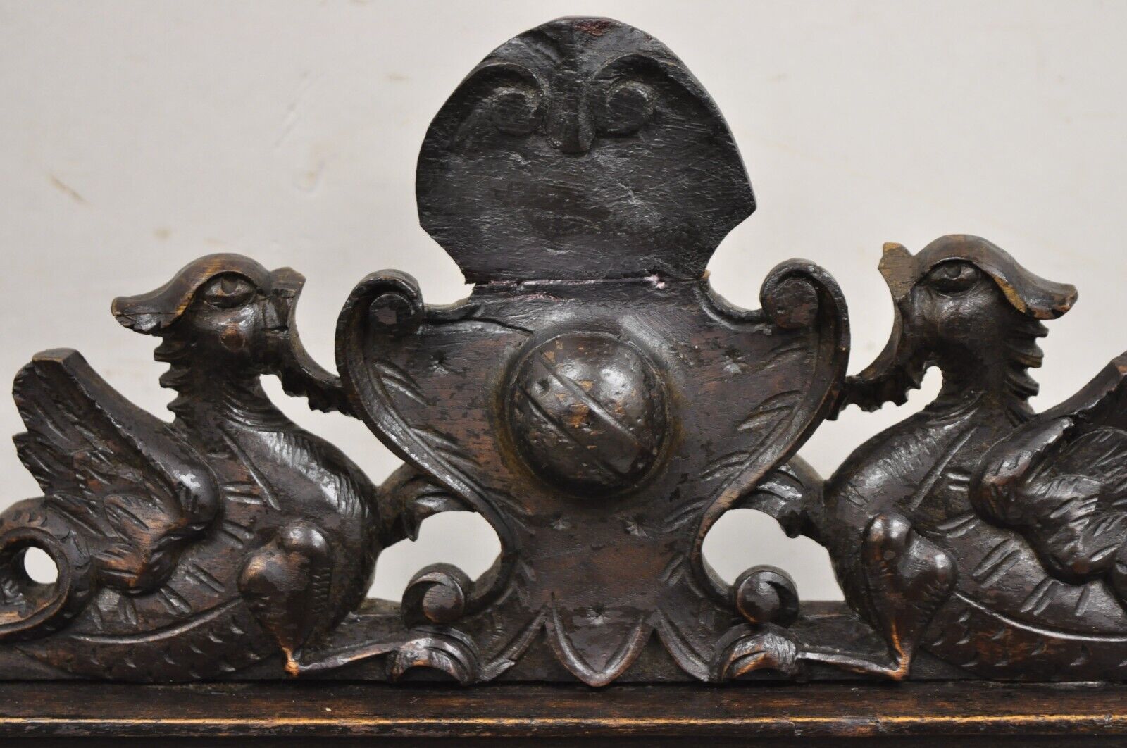 Antique Spanish Renaissance Carved Oak Wood Figural Leather Side Chairs - a Pair