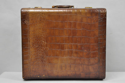 Vintage Art Deco Brown Leather Faux Crocodile Hard Case Suitcase Luggage