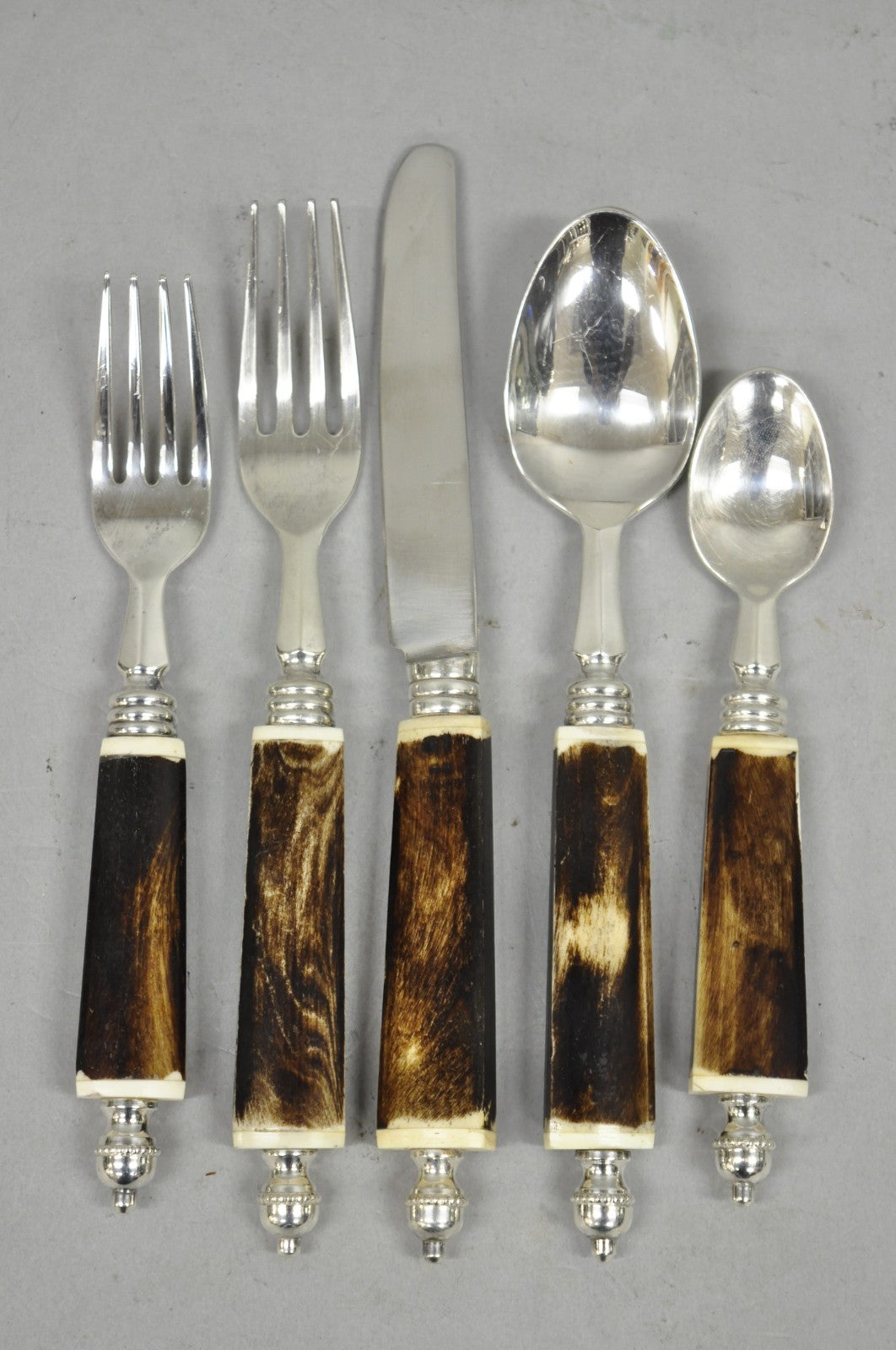 Vintage Hollywood Regency Faux Horn Handle Silver Flatware (5 pc) Set Svc for 12