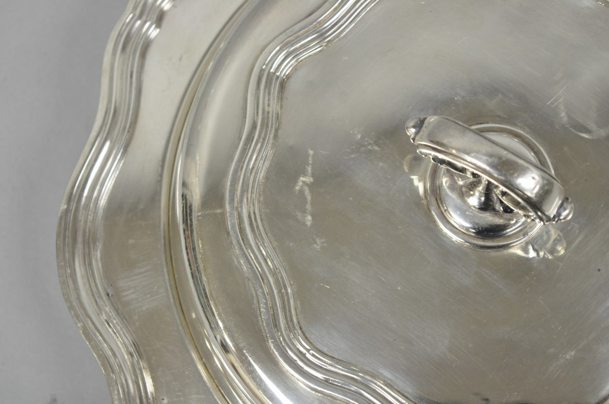 Vintage Sheffield Round Scalloped Silver Plated Covered Divided Serving Dish