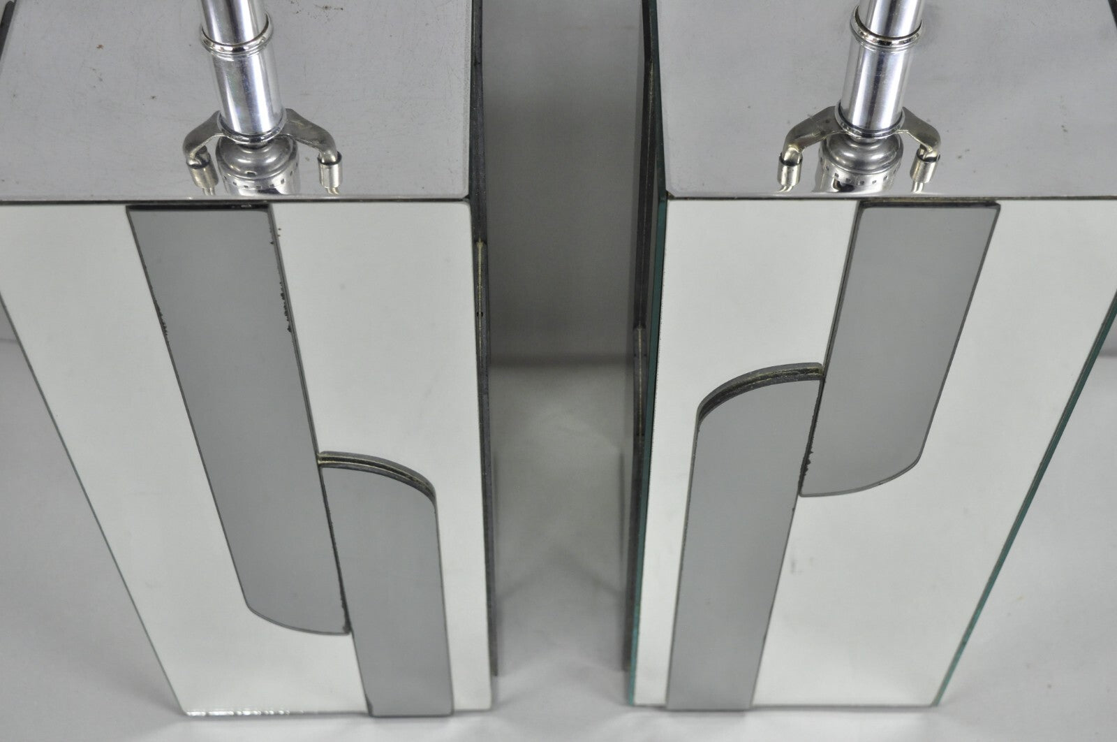 Vintage Mid Century Modern Mirror Skyscraper Cubist Table Lamps - a Pair
