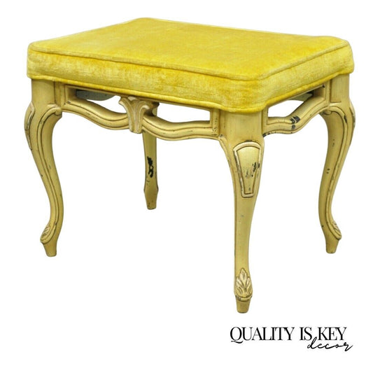 Vintage French Provincial Yellow Painted Cabriole Leg Vanity Bench Seat