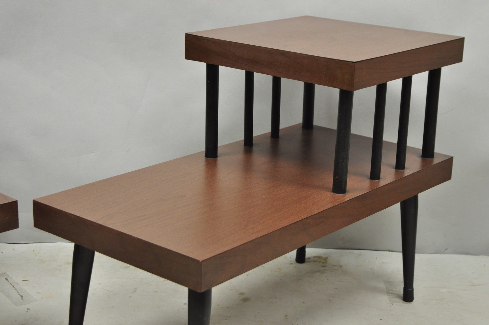 Vintage Mid Century Modern Two Tier Step Walnut Laminate Spindle End Table, Pair