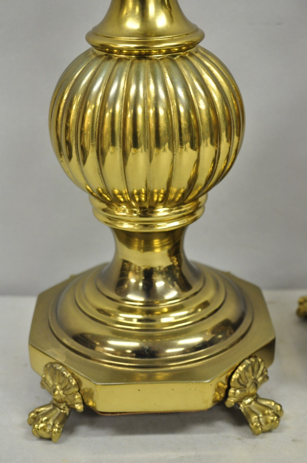 Vintage French Empire Style Burnished Brass Column Paw Foot Table Lamps - a Pair