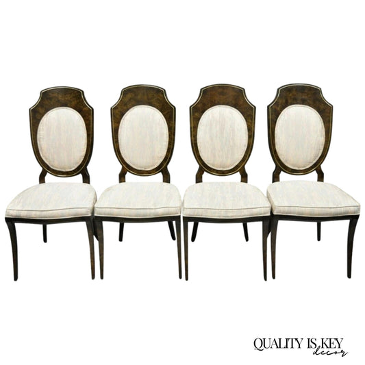 Mastercraft Modern Amboyna Wood Brass Trim Oval Back Dining Chairs - Set of 4