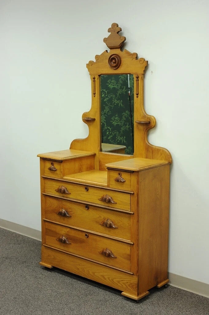 Antique Eastlake Victorian Carved Chestnut Step Down Cottage Dresser w/ Mirror