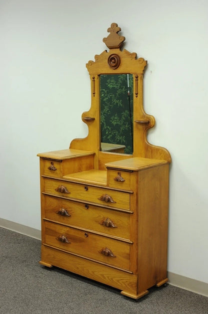 Antique Eastlake Victorian Carved Chestnut Step Down Cottage Dresser w/ Mirror