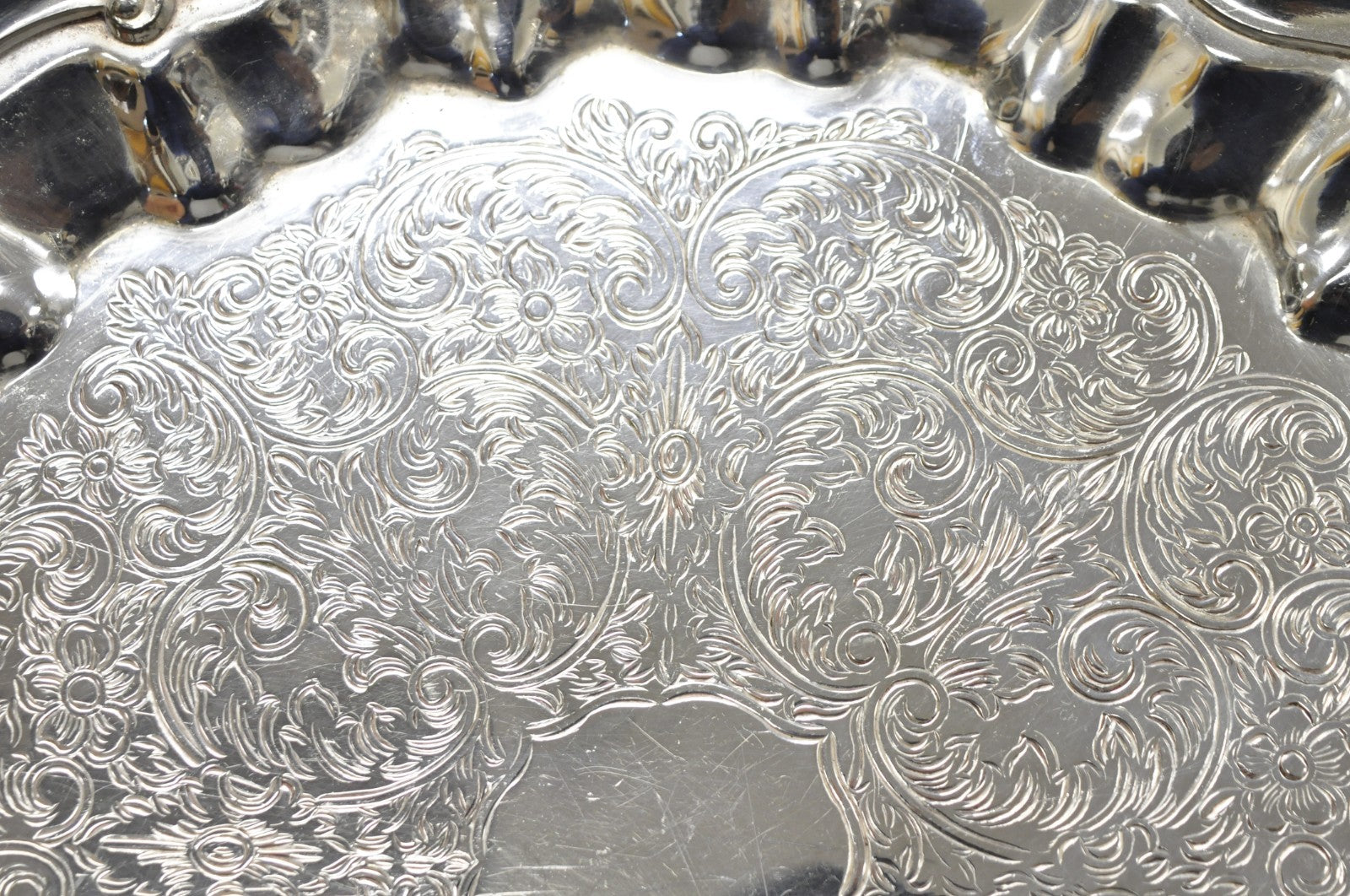 Vintage SBEP Victorian Silver Plated Round Scalloped Salver Bar Tray Platter
