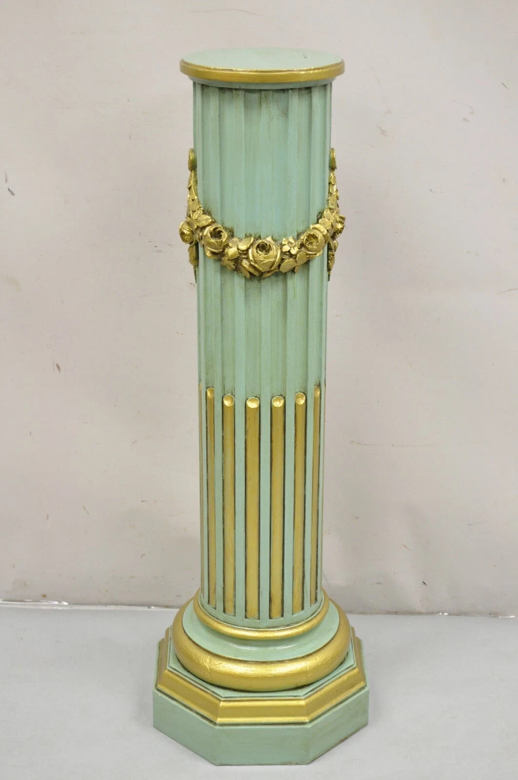 Antique French Empire Neoclassical Green & Gold Painted Wooden Column Pedestal