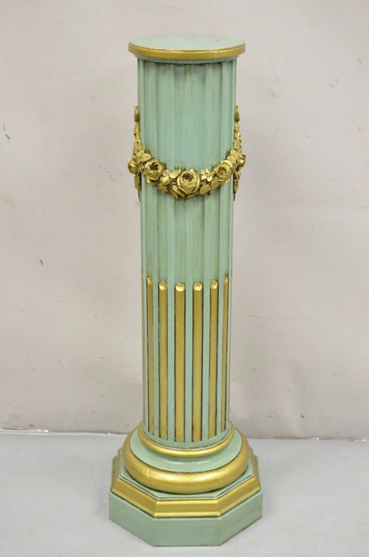 Antique French Empire Neoclassical Green & Gold Painted Wooden Column Pedestal