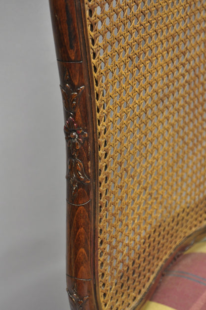 Antique French Country Louis XV Carved Walnut Cane Back Side Chairs - a Pair