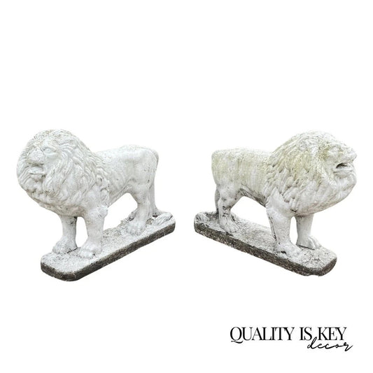 Vintage Classical Style Standing Lion Cement Guardian Entry Garden Statue - Pair