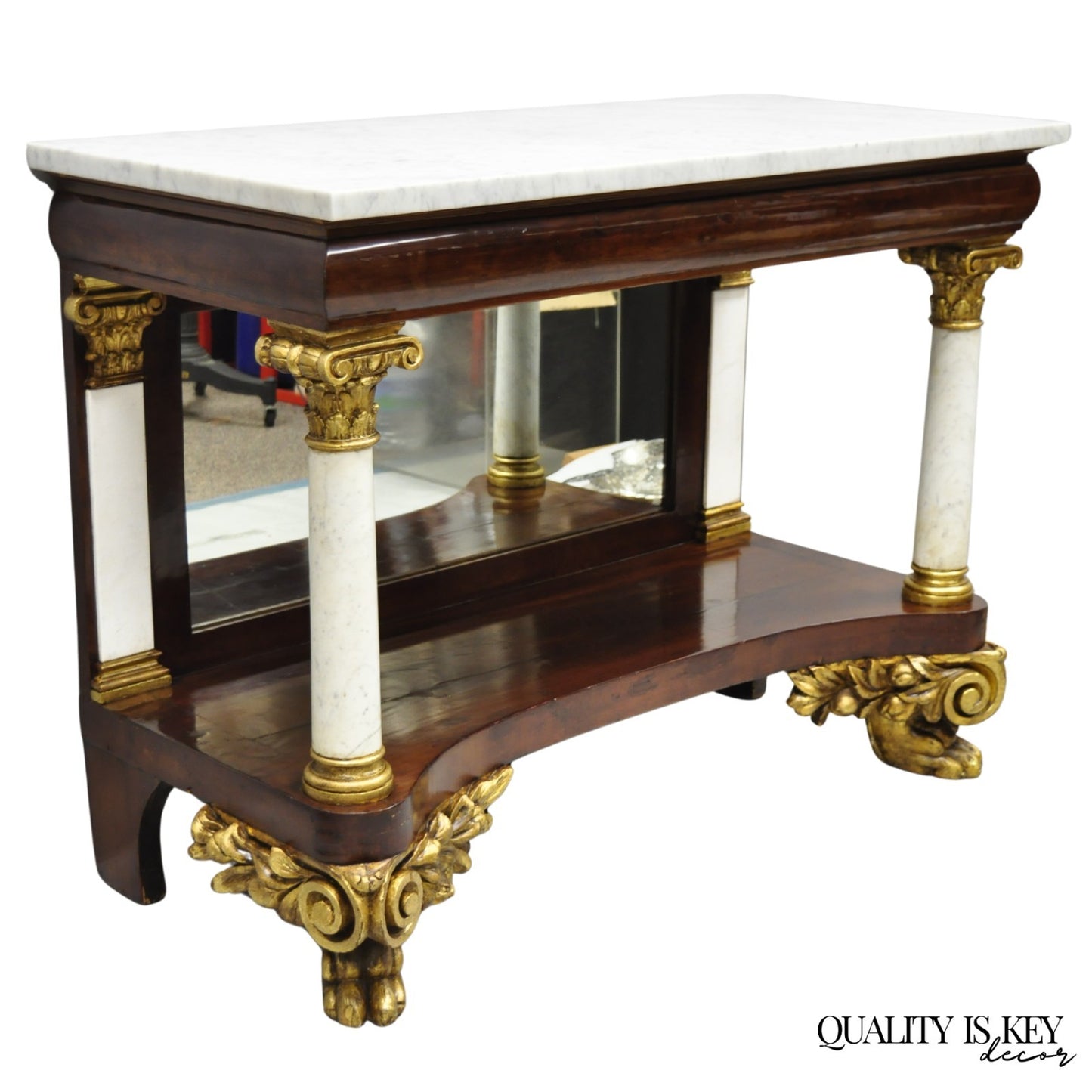 Antique American New York Classical Marble Top Mahogany Console Pier Table