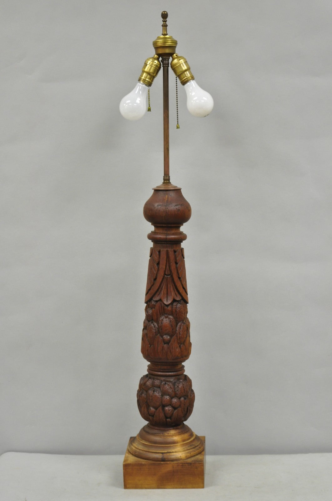 Antique French Country Reclaimed Harvest Carved Oak Wood Baluster Table Lamp