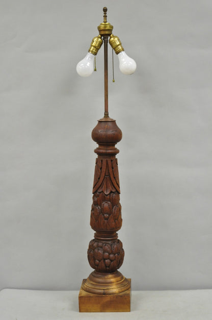 Antique French Country Reclaimed Harvest Carved Oak Wood Baluster Table Lamp