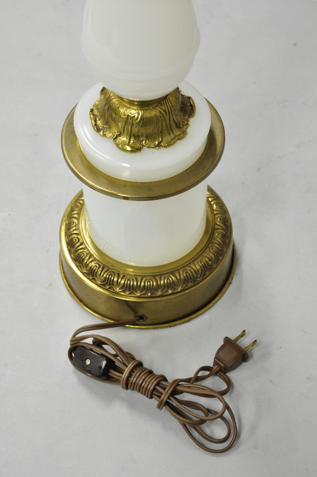 Vintage French Neoclassical Style White Opaline Glass Column Brass Table Lamp