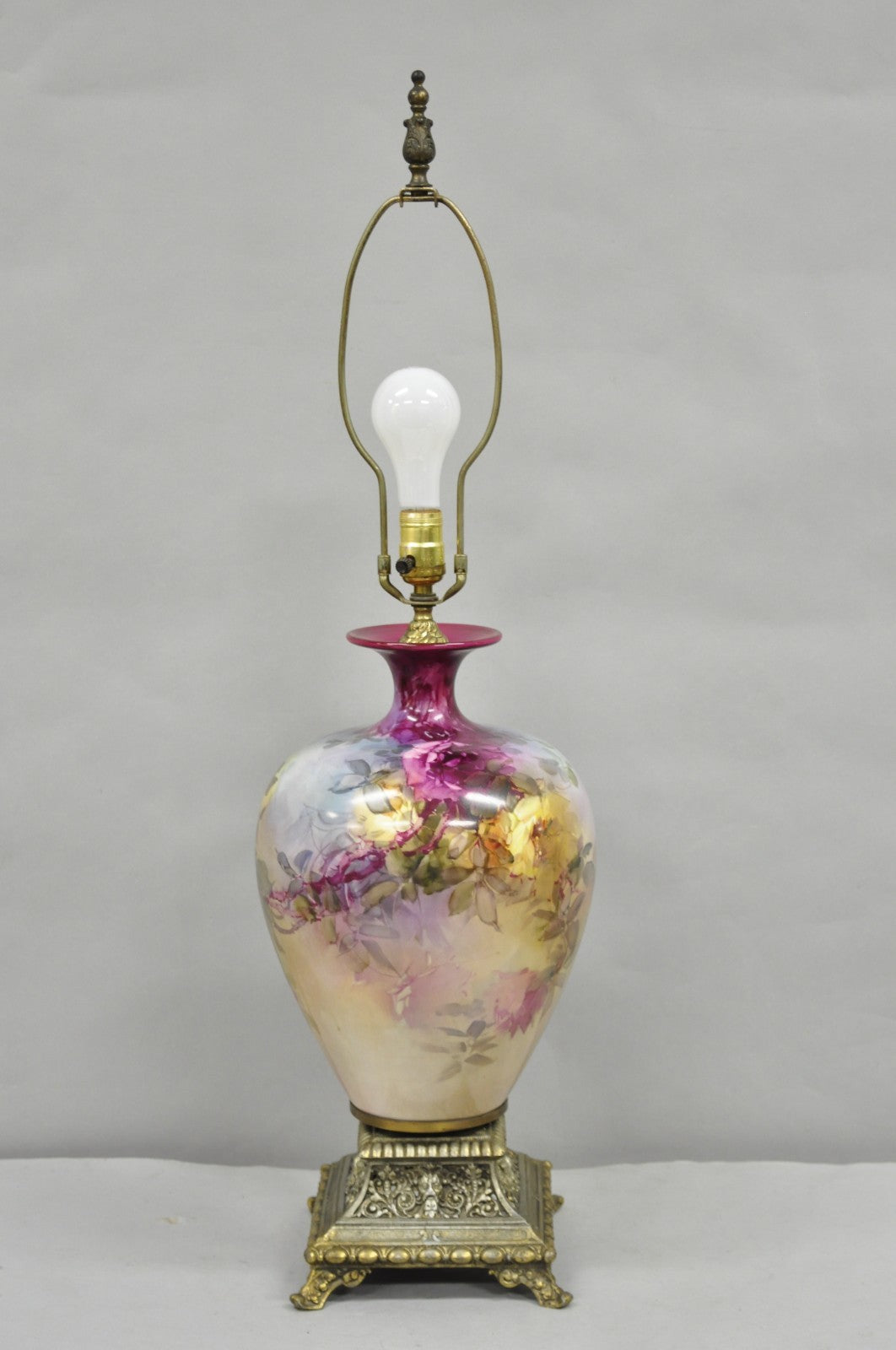 Antique French Paris Porcelain Hand Painted Flowers Bulbous Vase Table Lamp