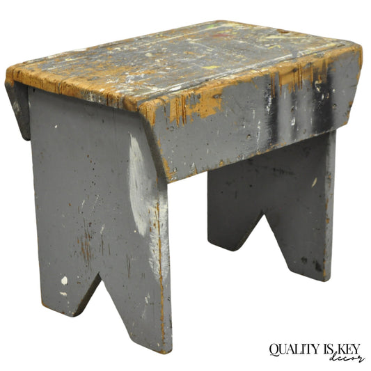 Antique French Country Primitive Gray Painted Paint Splattered Work Bench Stool