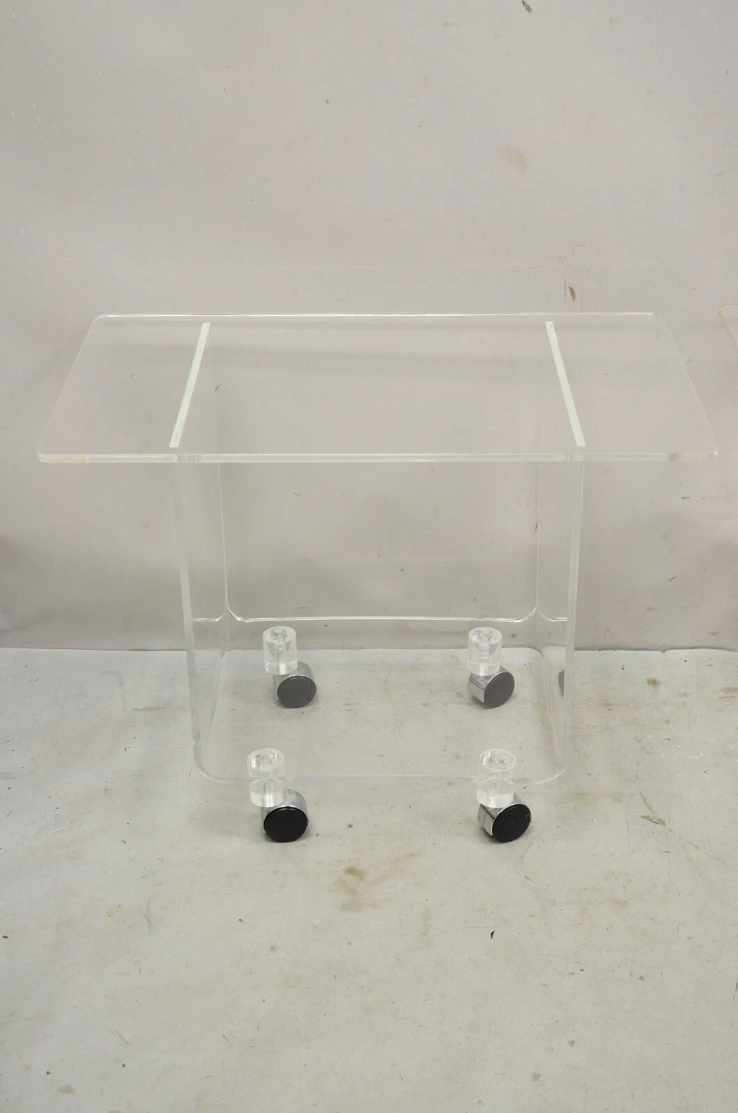 Vintage Clear Lucite Acrylic Mid Century Modern Rolling Side Tables - a Pair
