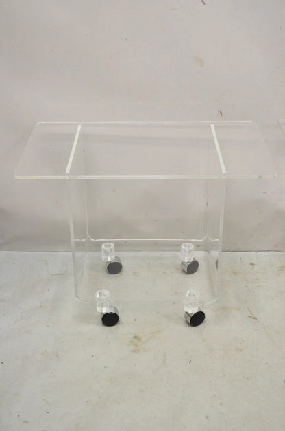 Vintage Clear Lucite Acrylic Mid Century Modern Rolling Side Tables - a Pair