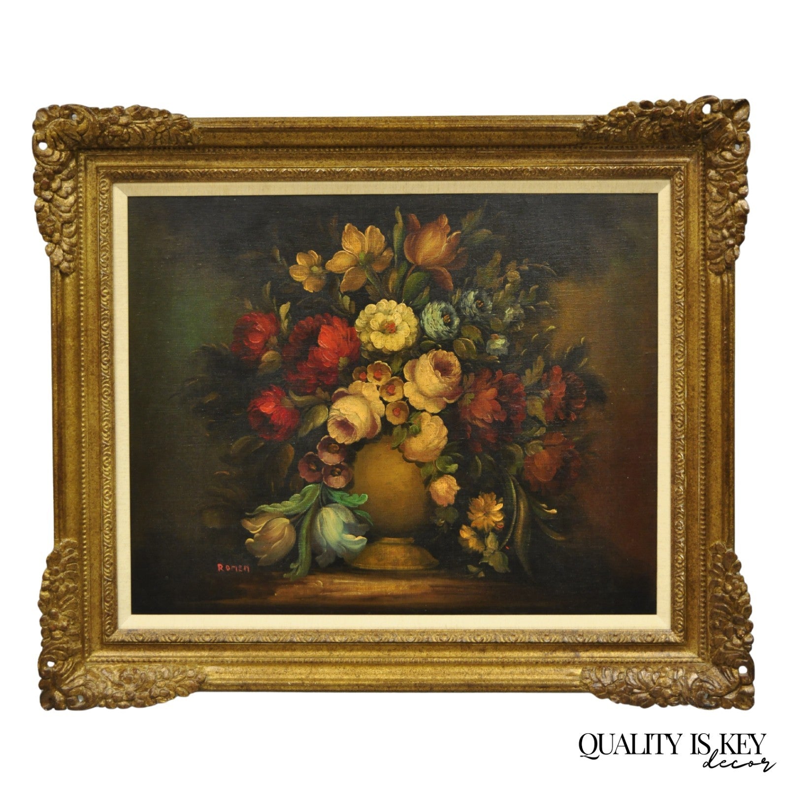 Vintage Victorian Flower Bouquet Still Life Painting Oil on Canvas Signed Romen