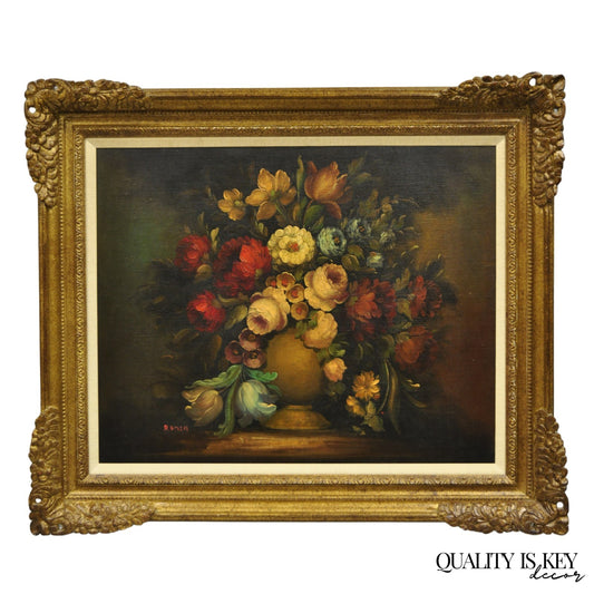 Vintage Victorian Flower Bouquet Still Life Painting Oil on Canvas Signed Romen