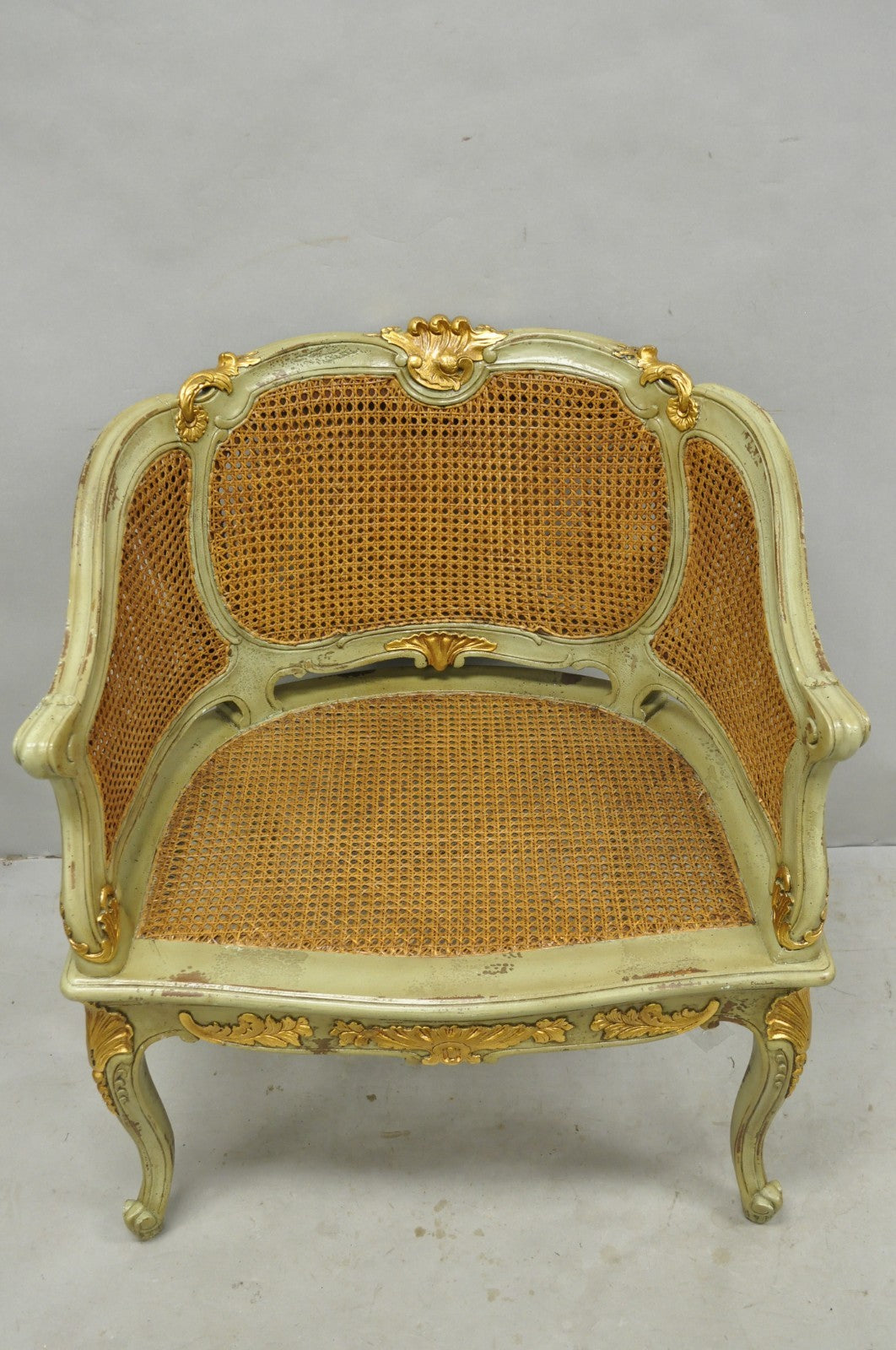 Vintage French Louis XV Style Green Painted Gold Gilt Cane Bergere Arm Chair
