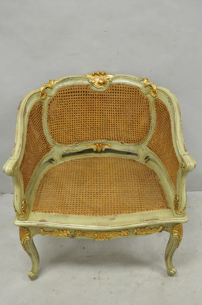 Vintage French Louis XV Style Green Painted Gold Gilt Cane Bergere Arm Chair
