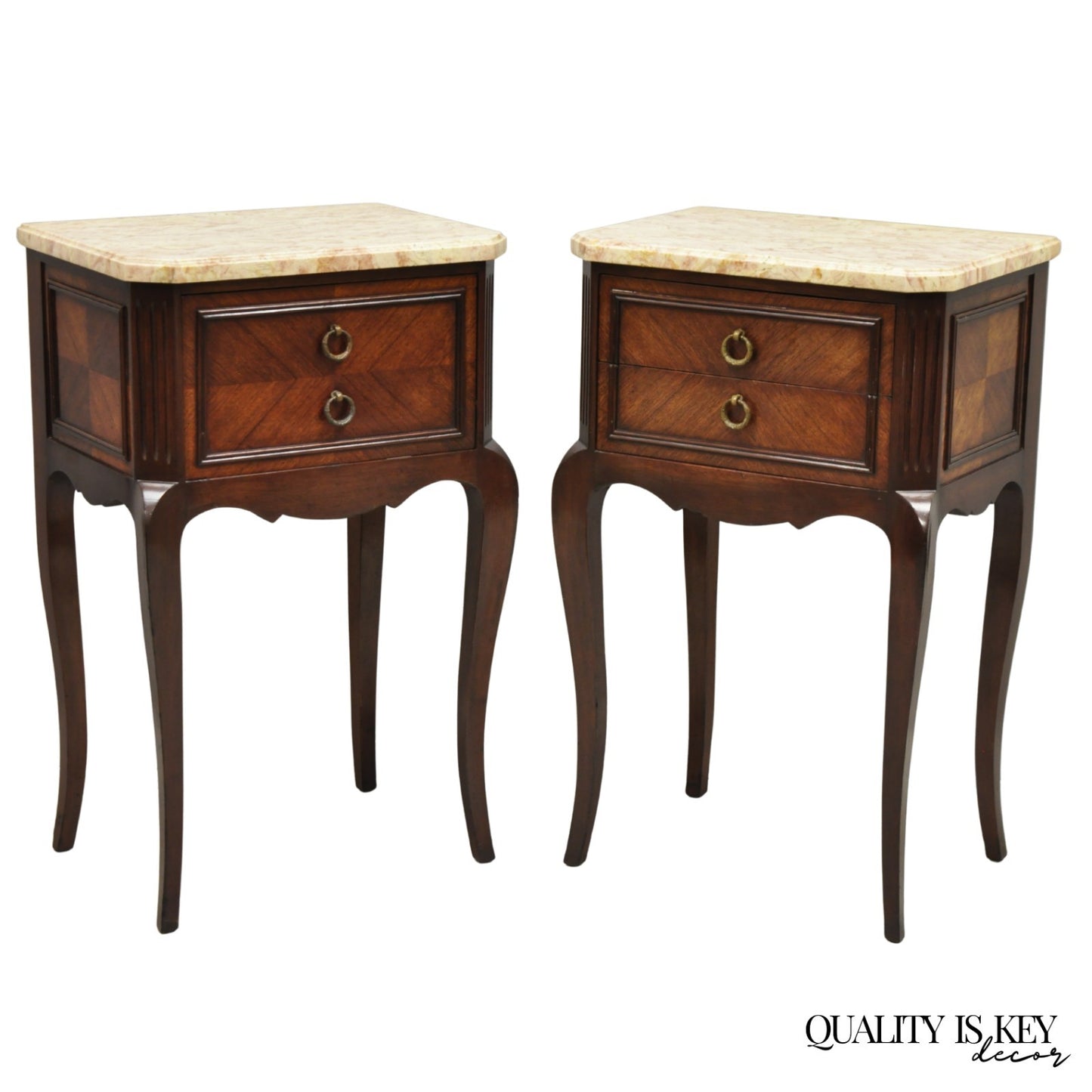 Vintage French Louis XV Style Pink Marble Top Mahogany Nighstand Table - a Pair