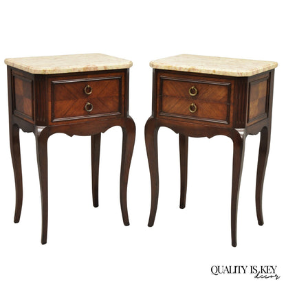Vintage French Louis XV Style Pink Marble Top Mahogany Nighstand Table - a Pair