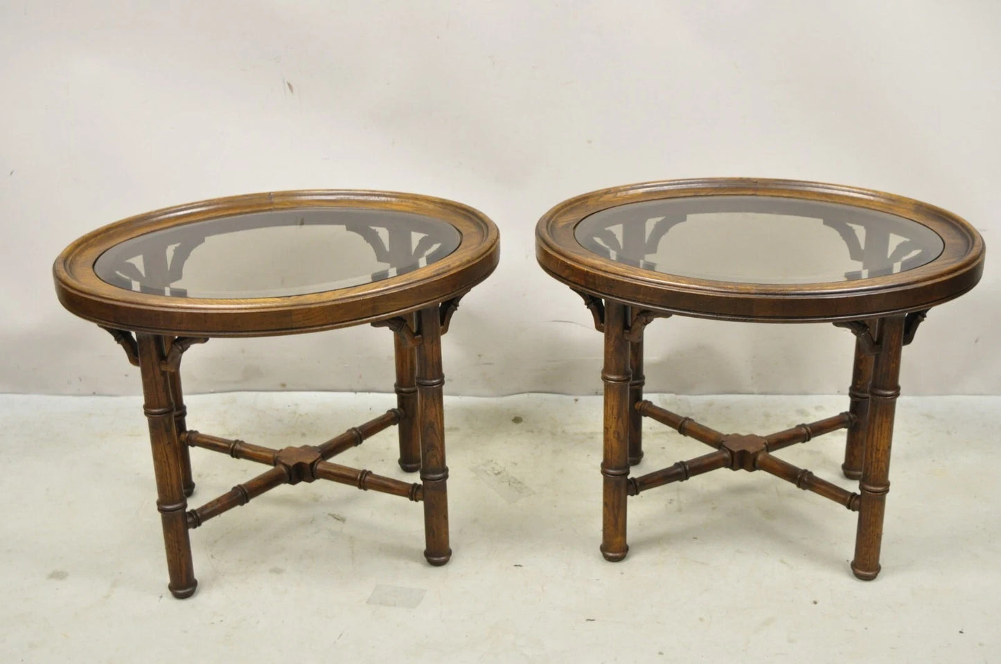 Vintage Chinese Chippendale Faux Bamboo Oval Small Glass Top Side End Table Pair