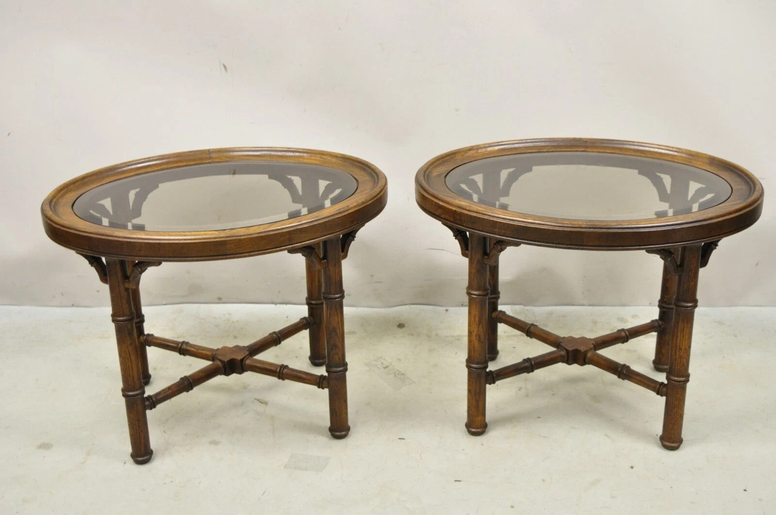 Vintage Chinese Chippendale Faux Bamboo Oval Small Glass Top Side End Table Pair