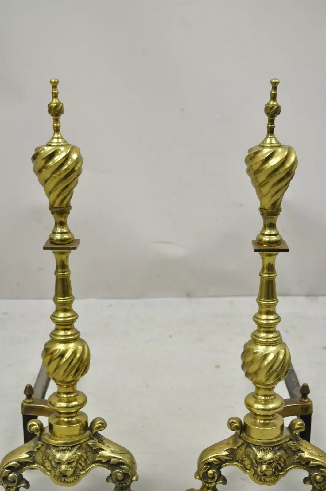 Antique Empire Brass Cast Iron Lion Head Spiral Twist Paw Feet Andirons - a Pair