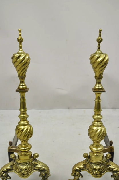 Antique Empire Brass Cast Iron Lion Head Spiral Twist Paw Feet Andirons - a Pair