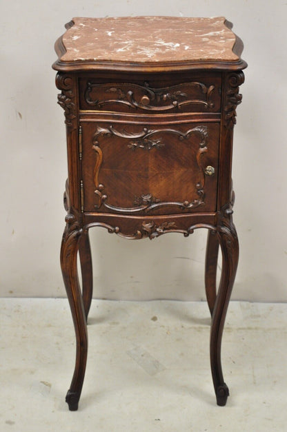 French Louis XV Style Carved Walnut Marble Top Porcelain Lined Nightstand