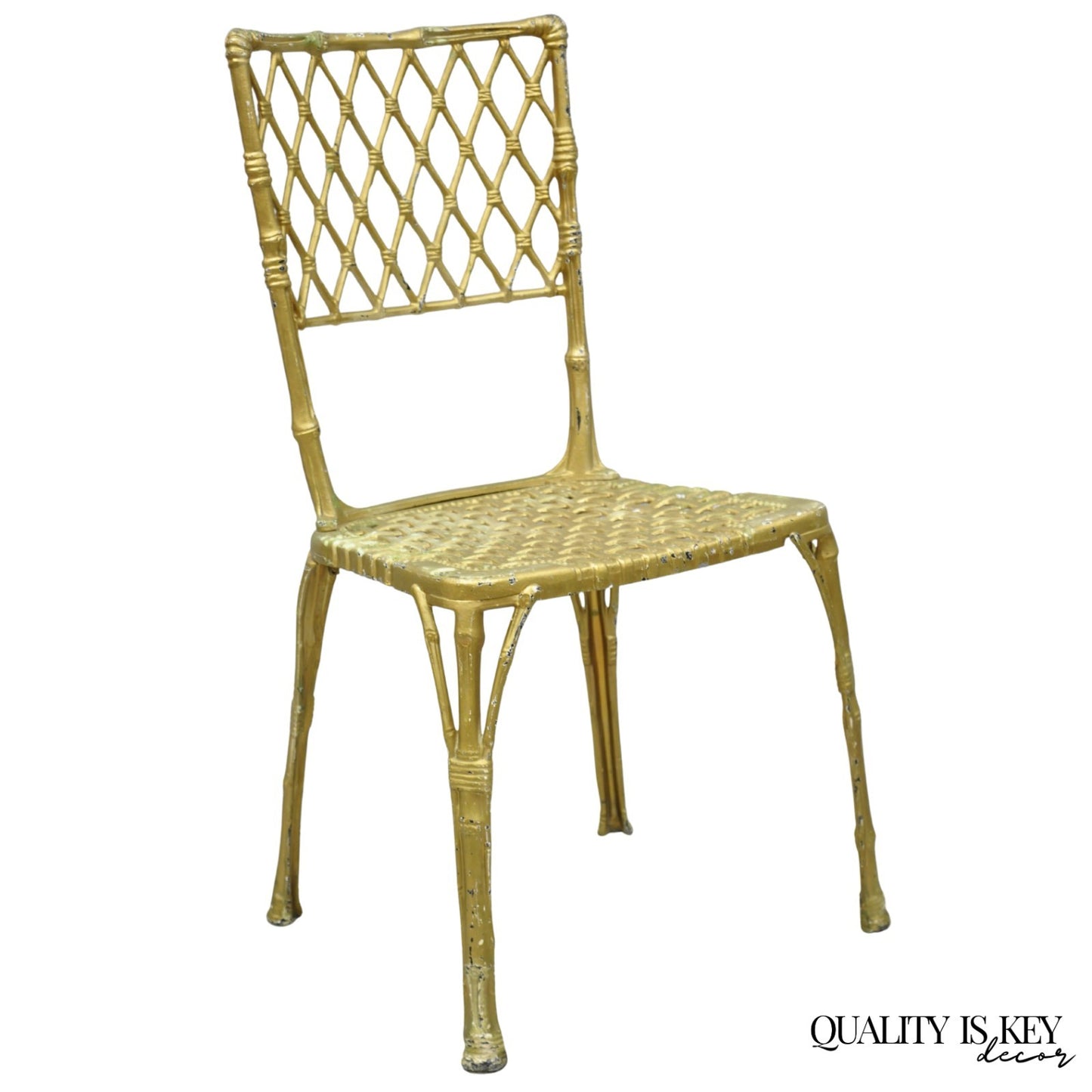 Vintage Hollywood Regency Faux Bamboo Basketweave Lattice Aluminum Side Chair