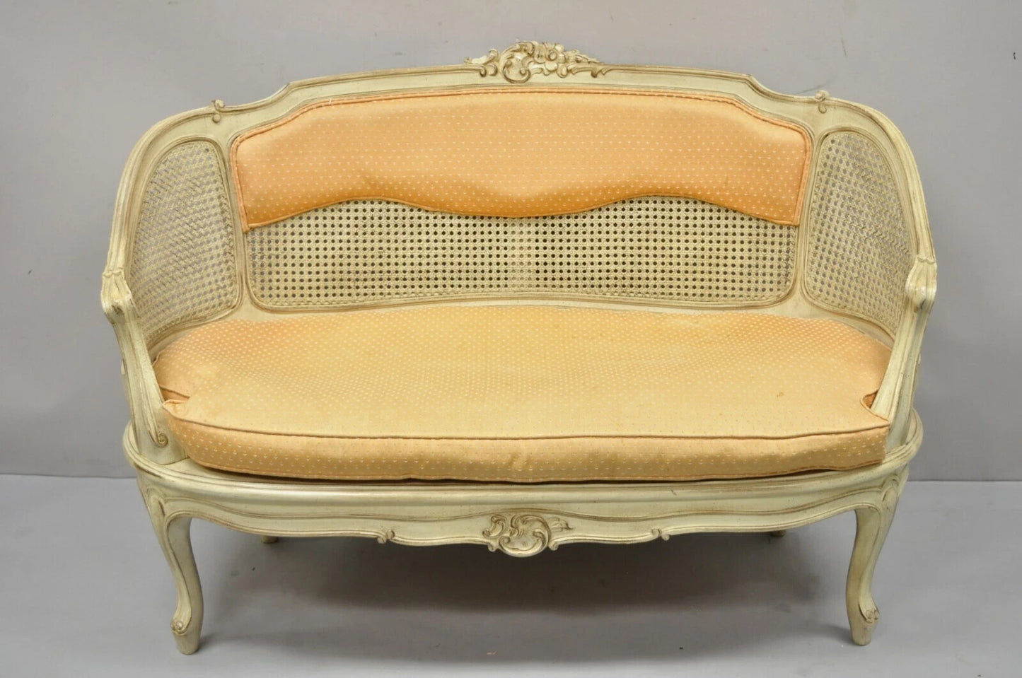 Vintage French Louis XV Victorian Style Small Cream Painted Settee Loveseat Sofa