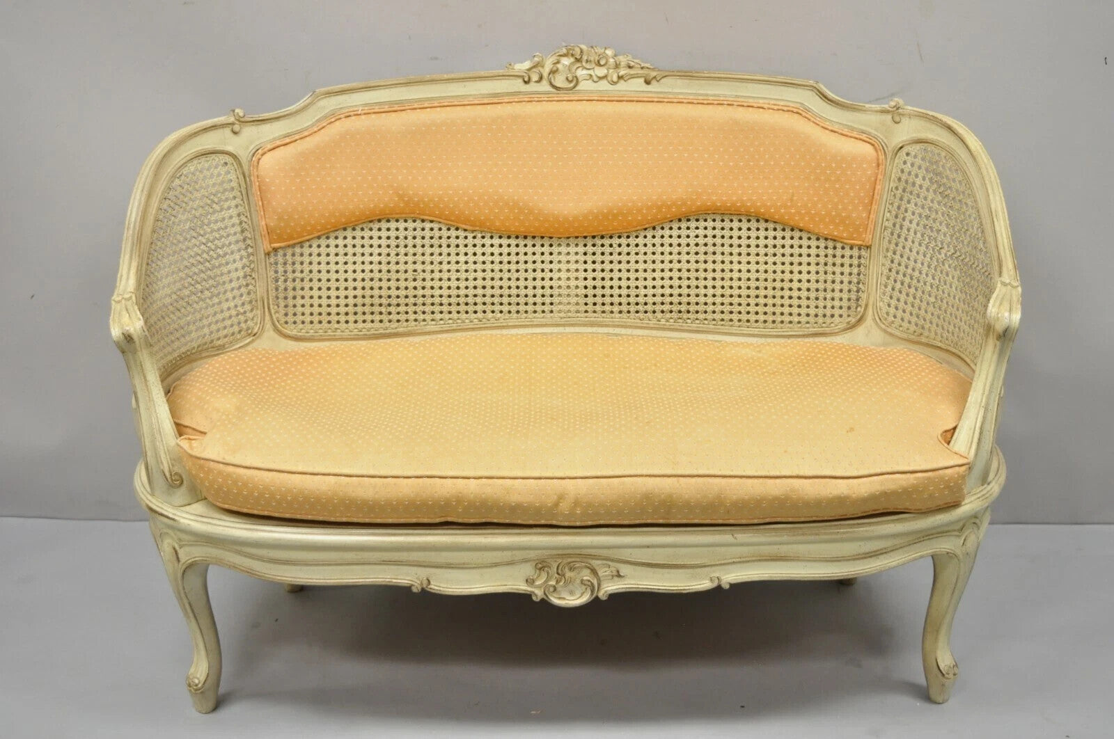 Vintage French Louis XV Victorian Style Small Cream Painted Settee Loveseat Sofa