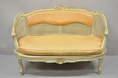Vintage French Louis XV Victorian Style Small Cream Painted Settee Loveseat Sofa