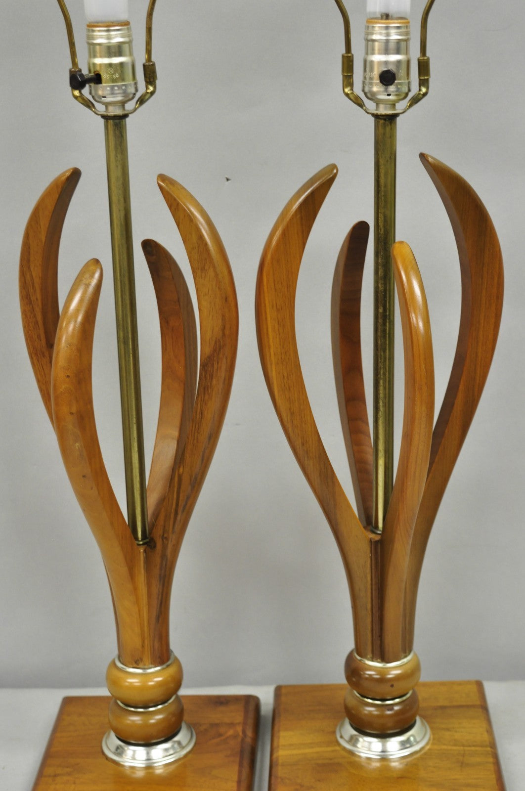 Vintage Mid Century Modern Sculptural Walnut Wood & Brass Table Lamps - a Pair