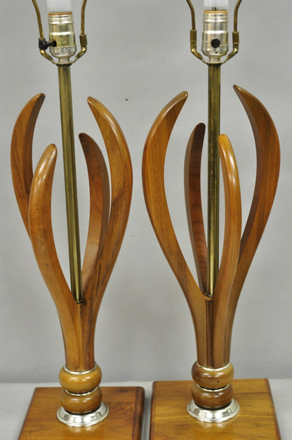 Vintage Mid Century Modern Sculptural Walnut Wood & Brass Table Lamps - a Pair
