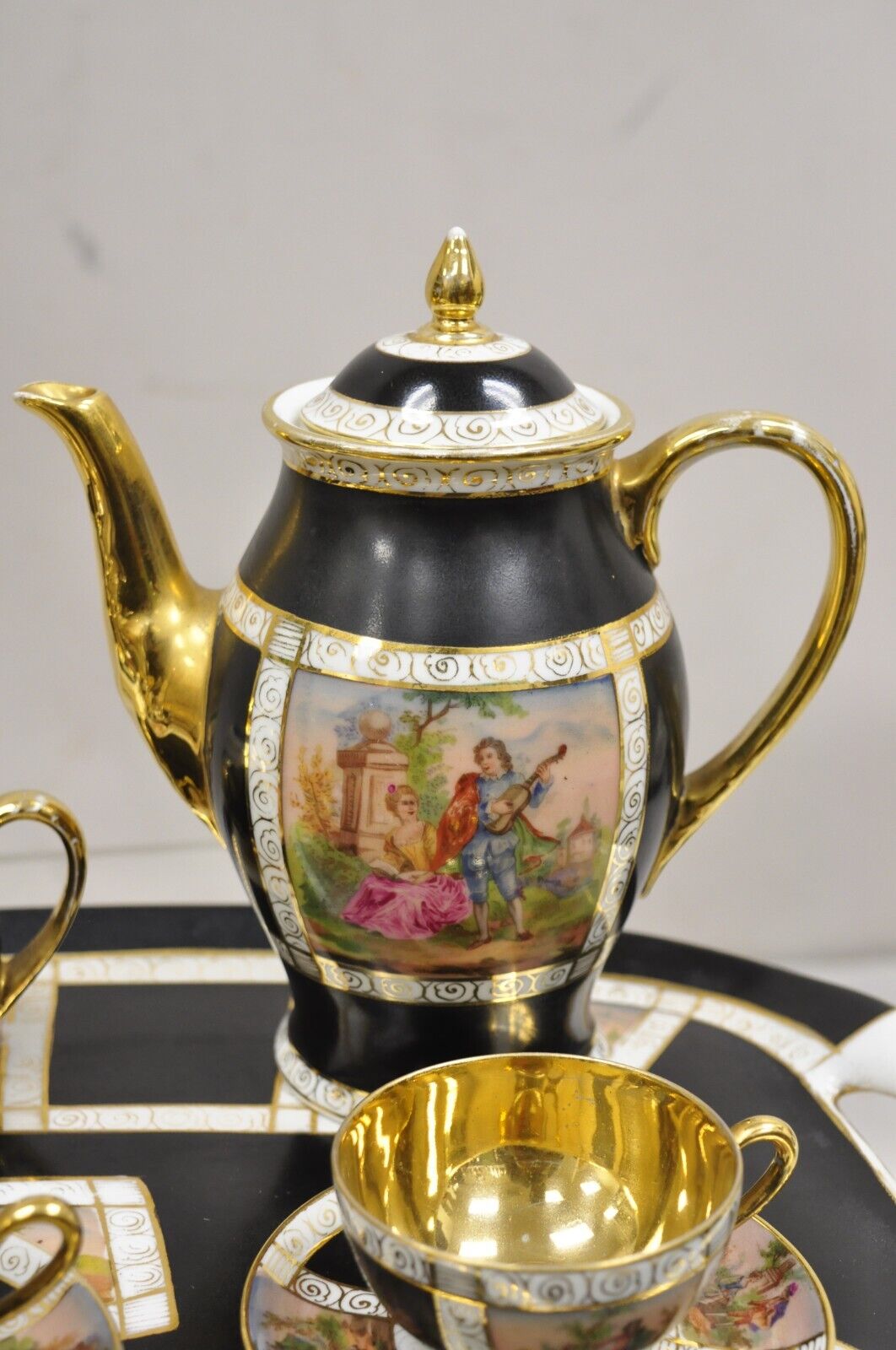 Royal Vienna Style Bohemia Czecho-Slovakia Black Porcelain Tea Set - 12 pcs
