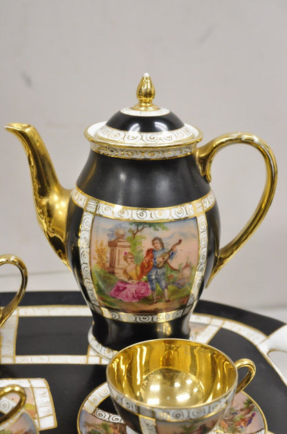 Royal Vienna Style Bohemia Czecho-Slovakia Black Porcelain Tea Set - 12 pcs