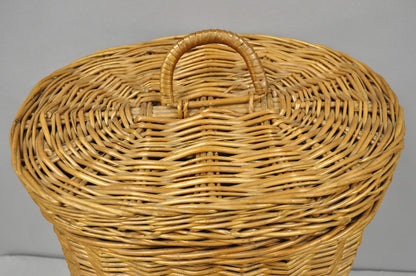Vintage Mid Century Modern Handwoven Wicker Rattan Laundry Basket w Lid