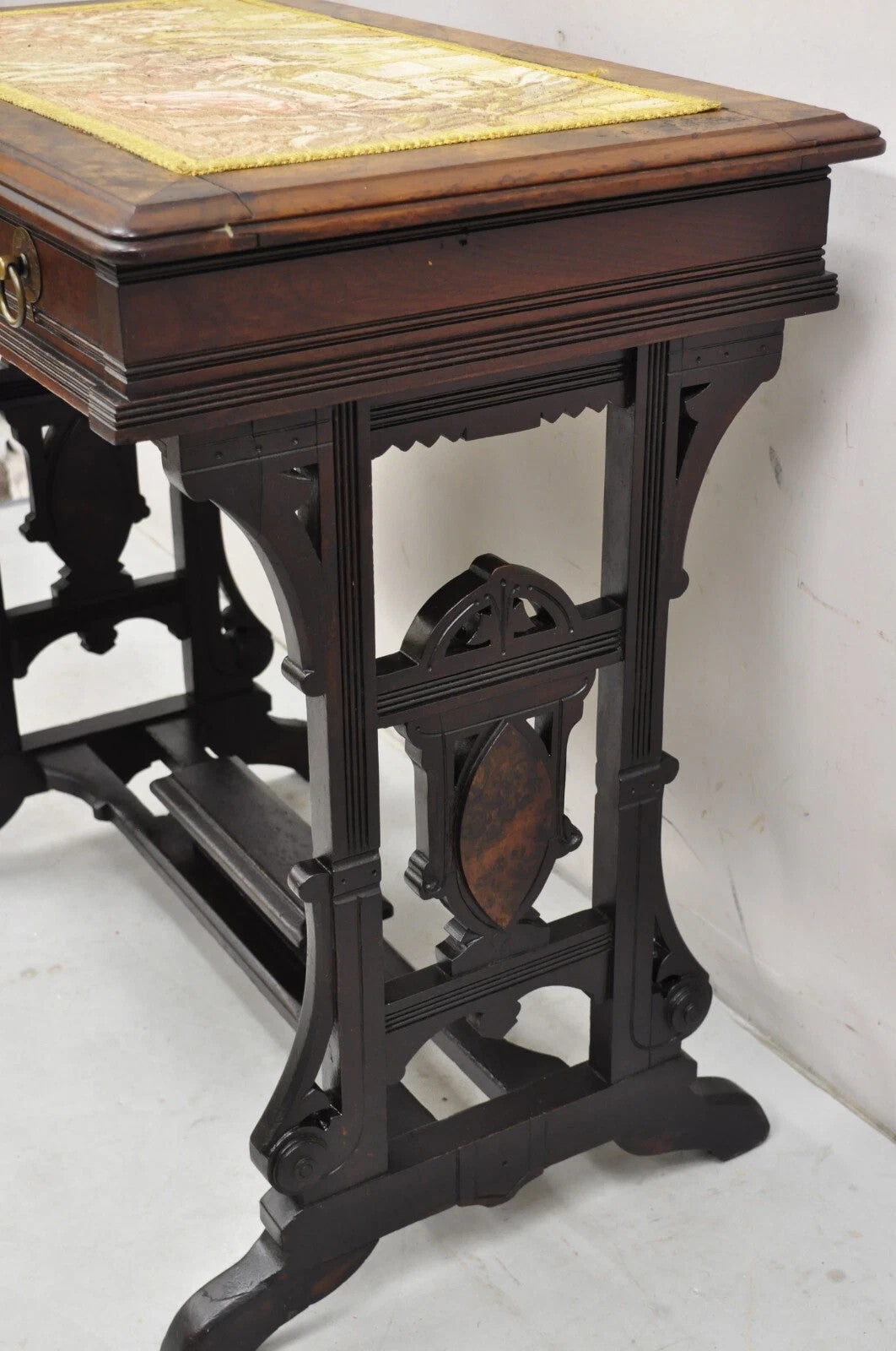 Antique Eastlake Victorian Carved Walnut Small Sewing Stand Tapestry Side Table