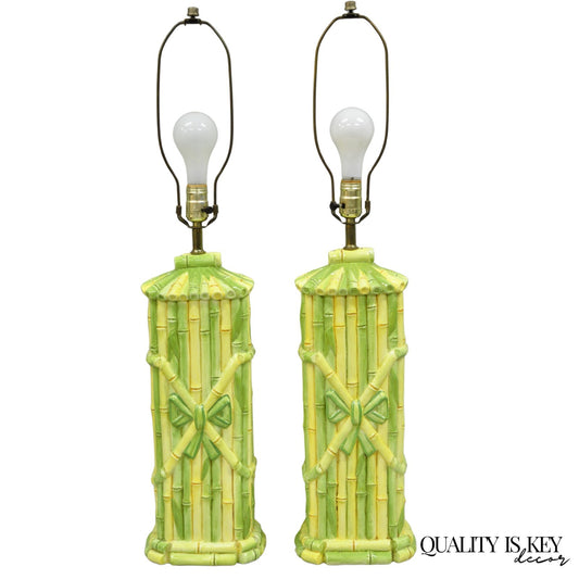 Vintage Hollywood Regency Green & Yellow Ceramic Faux Bamboo Table Lamps - Pair