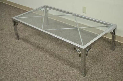 Mid Century Modern Chrome X-Frame Glass Top Hollywood Regency Coffee Table