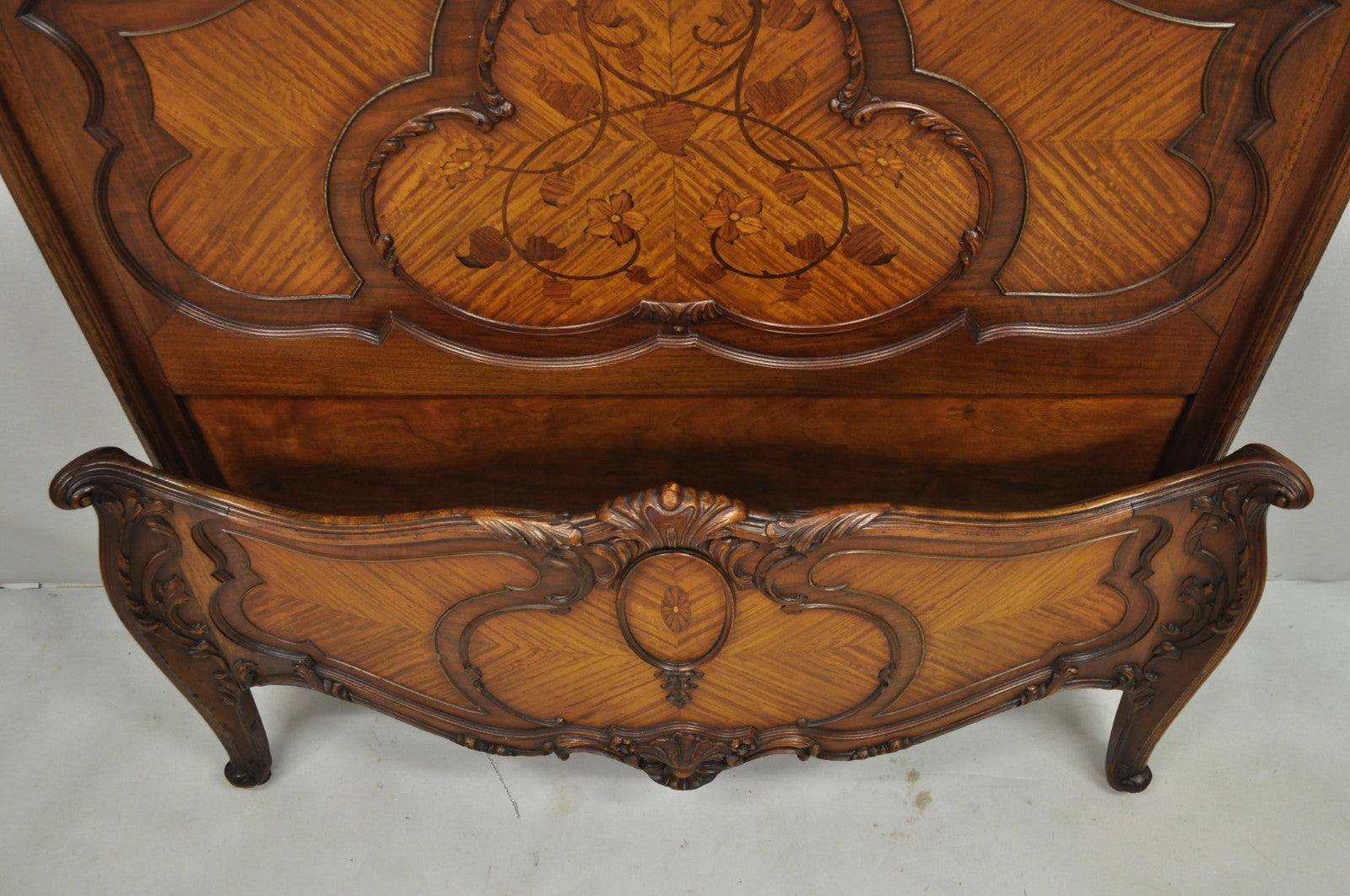 Antique French Louis XV Style Walnut Satinwood Inlay Twin Bed Frames - a Pair