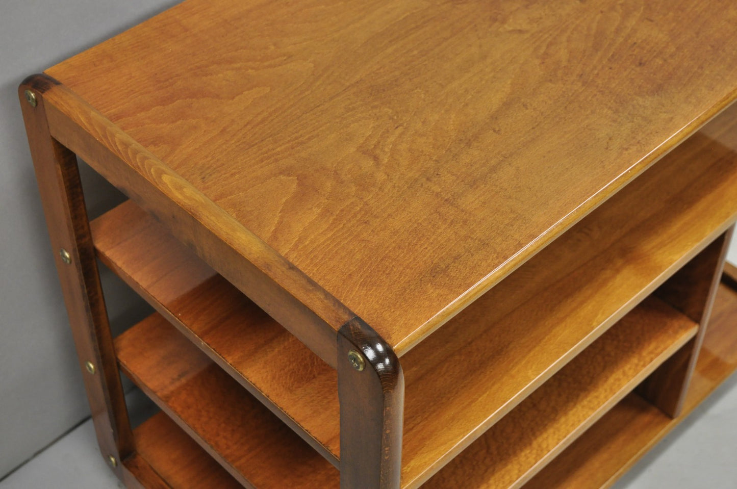 Vintage Mid Century Modern Lacquered Cherry Wood Rolling Cart TV Stand Shelf