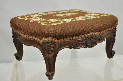 French Country Louis XV Carved Walnut Needlepoint Petite Footstool Ottoman